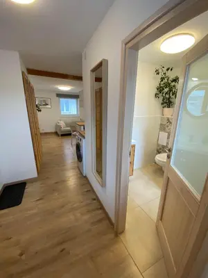 a living room with a couch and a window at Sunny studio Prague in Prague