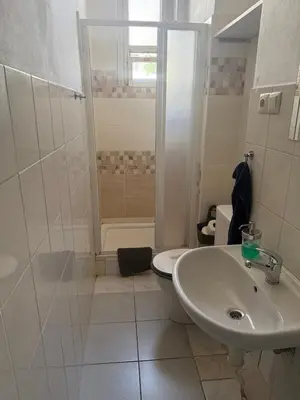 a white bathroom with a sink and a toilet at Johan apartments in old Vinohrady in Prague