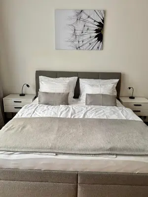a bedroom with a large bed with two night stands at Apartmán U Smaltovny 27 in Prague
