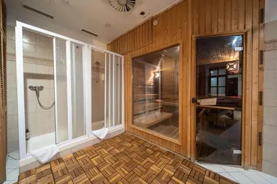 a walk in shower in a bathroom with wooden walls at Party ClubHouse with Bar, Panoramic Pool & Sauna in Prague