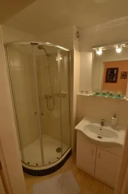 a bathroom with a shower and a sink at Pension Karlova in Prague