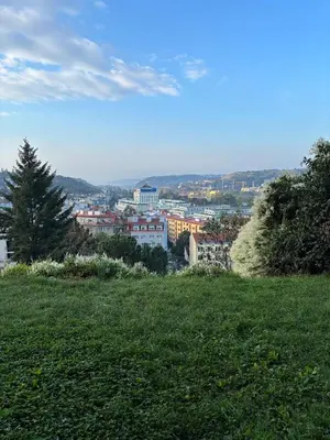 a view of a city from a grassy hill at Apartment Vyšehrad in Prague