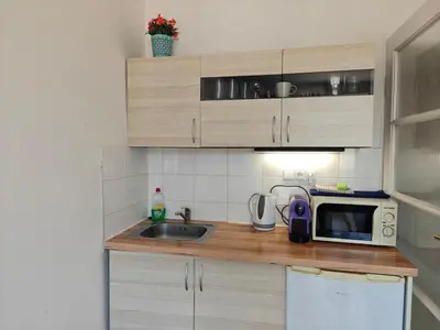 a small kitchen with a sink and a microwave at Penthouse With City Terrace in Prague
