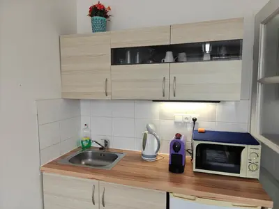 a small kitchen with a sink and a microwave at Penthouse With City Terrace in Prague