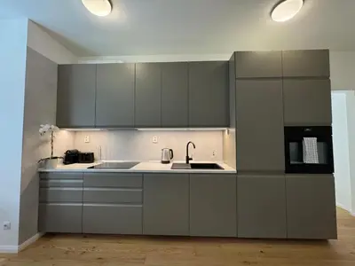 a kitchen with gray cabinets and a sink at Modern Luxury Apartment with Garden in Prague