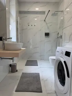 a white bathroom with a washing machine in it at Modern Luxury Apartment with Garden in Prague