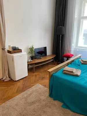 a room with a bed and a table with a television at štepánská noc B in Prague