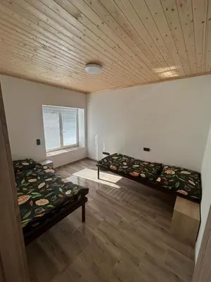 a bedroom with two beds and a wooden ceiling at House in Čakovice near Štětí in Štětí