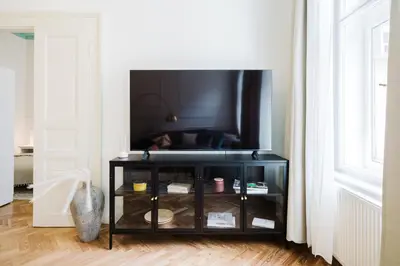 a black entertainment center in a living room with a tv at Prague Days - Apartments with AC in Vinohrady in Prague