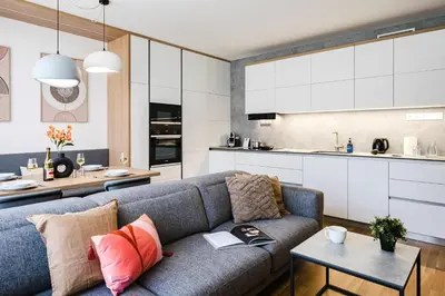 a living room with a couch and a kitchen at Prague Days - One Bedroom Apartment with Garage Parking in Smíchov City in Prague