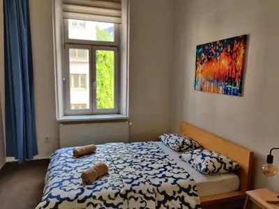 a bedroom with a bed and a window at Comfortable 2 Bedroom Flat Free Parking Shared Kitchen in Prague