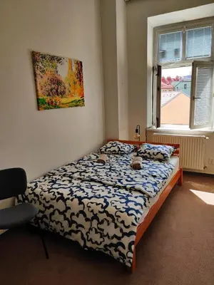 a bedroom with a bed and a window at Comfortable 2 Bedroom Flat Free Parking Shared Kitchen in Prague