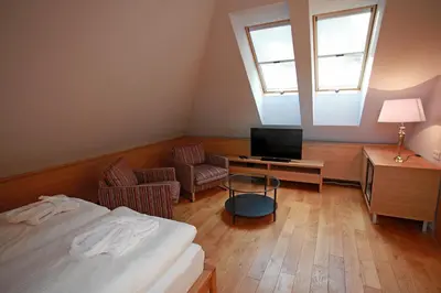 a bedroom with a bed and a tv and a chair at Penzion Dobré Časy in Poděbrady
