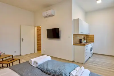 a living room with a bed and a kitchen at Prague Urban Apartments 48 in Prague
