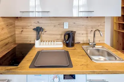 a kitchen counter top with a sink and a sink at Prague Urban Apartments 48 in Prague