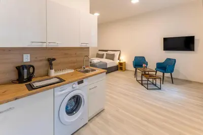 a kitchen with a washing machine in a room with a bed at Prague Urban Apartments 48 in Prague