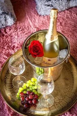 a table with wine glasses and a bottle of champagne and grapes at Premium Dog Suite in Prague