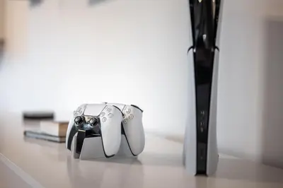 a couple of video game controllers sitting next to a vase at Modern Nature Retreat w Pool, PS5 & Hot Tube in Sázava