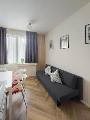 a living room with a black couch and a table at Peaceful Apartment next to Jubilee Synagogue in Prague