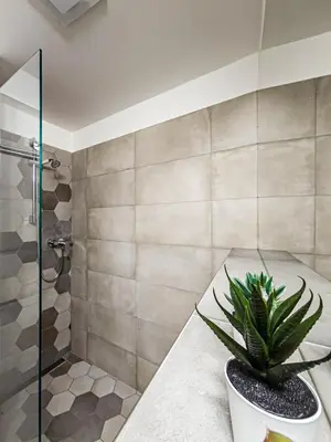 a bathroom with a potted plant on a counter at Peaceful Apartment next to Jubilee Synagogue in Prague