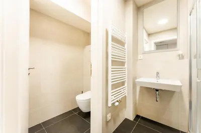 a bathroom with a toilet and a sink at Rentero Fresh Apartment next to Prague City Center in Prague