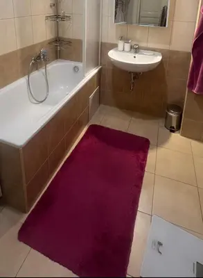 a bathroom with a tub and a sink and a purple rug at Štěpánská noc A in Prague