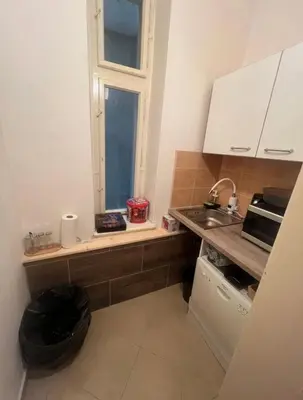 a small kitchen with a sink and a window at Štěpánská noc A in Prague