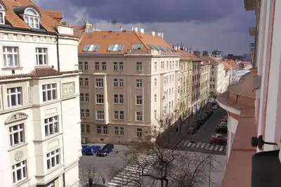 a view of a city street with buildings at Tower Apartment in Prague