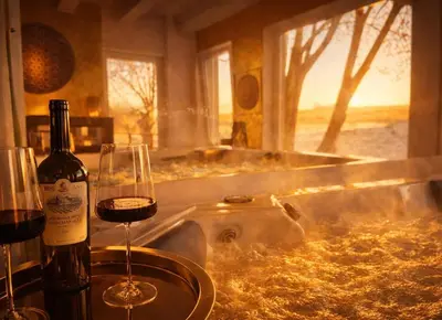 two glasses of wine sitting on a table with a tub at Relax u potoka, vířivka, swimSpa, sauna