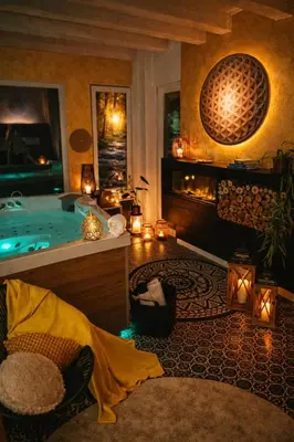 a bathroom with a tub with lights and candles at Relax u potoka, vířivka, swimSpa, sauna