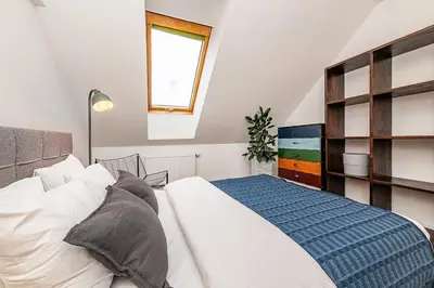 a bedroom with a large bed and a television at Amazing 3-Bedroom and Terrace overlooking TV Tower in Prague