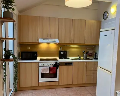 a kitchen with wooden cabinets and a stove top oven at Central Cozy Comfort Loft in Prague