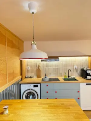 a kitchen with a sink and a stove at Negroni Apartment in Prague