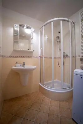 a bathroom with a shower and a sink at Světlý byt blízko centra - plně vybavený in Prague