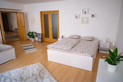 a bedroom with a bed and a wooden floor at Spacious 8-Person Apartment in the Heart of Prague in Prague