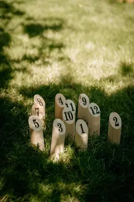 a group of wooden numbers in the grass at Forest Home Okoř in Okoř