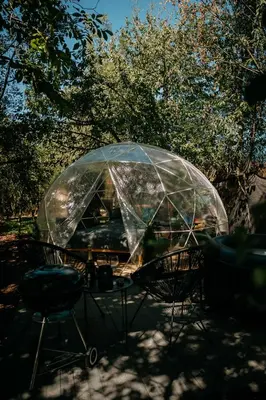 a clear umbrella over a table and chairs at Forest Home Okoř in Okoř