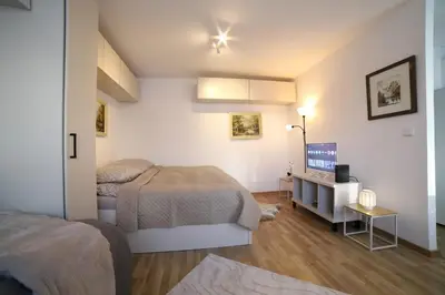 a bedroom with two beds and a television in it at Bright & Cozy Apartment with Netflix & Xbox! in Kladno