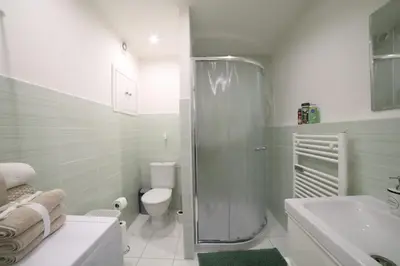 a bathroom with a shower and a toilet and a sink at Bright & Cozy Apartment with Netflix & Xbox! in Kladno