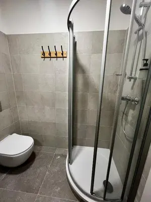 a bathroom with a shower and a toilet at Prague Airport Apartment in Tuchoměřice