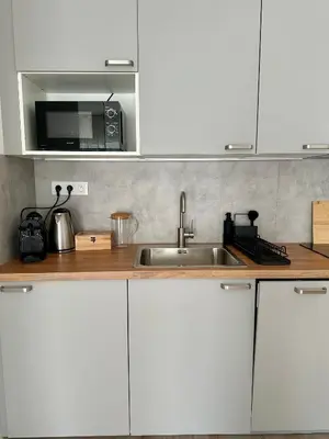 a kitchen with white cabinets and a sink at Prague Airport Apartment in Tuchoměřice
