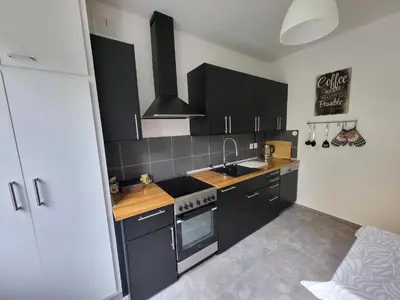 a kitchen with black cabinets and a sink and a stove at Fox Den Prague in Prague