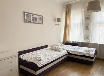 a bedroom with a bed and a television in it at Petrska Cozy 2 bedroom apartment near Old Town in Prague