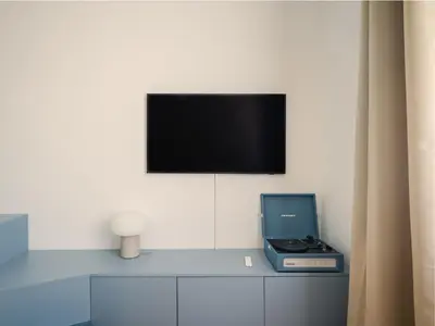 a tv on a wall with a laptop and a printer at Modern design studio with fast WI-FI in Prague