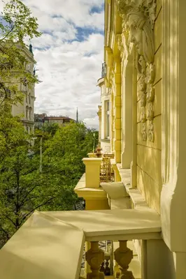 a balcony with a view of a building at Modern design studio with fast WI-FI in Prague