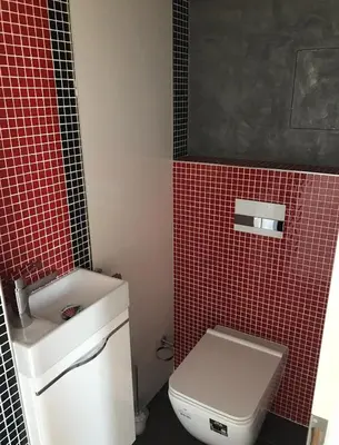 a bathroom with a white toilet and a red tiled wall at Apartment in Prague in a quiet location close to the center in Prague