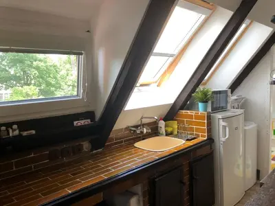 a kitchen with a sink and two windows at Prague house in Green Oasis 10min to the downtown in Prague