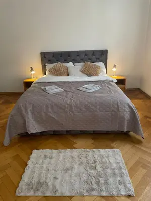 a bedroom with a large bed with two rugs on it at Apartmá ve Středu Prahy in Prague
