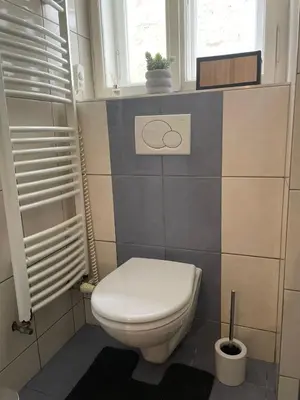 a bathroom with a white toilet and a window at Apartmá ve Středu Prahy in Prague