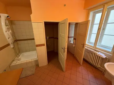 a bathroom with a shower and a toilet and a sink at Romantic Apartment in historical house from 1398 in Prague city centre in Prague